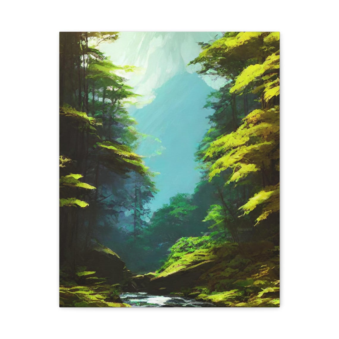 Peaceful Sunlit Forest Stream Green Woodland Nature Painting Poster