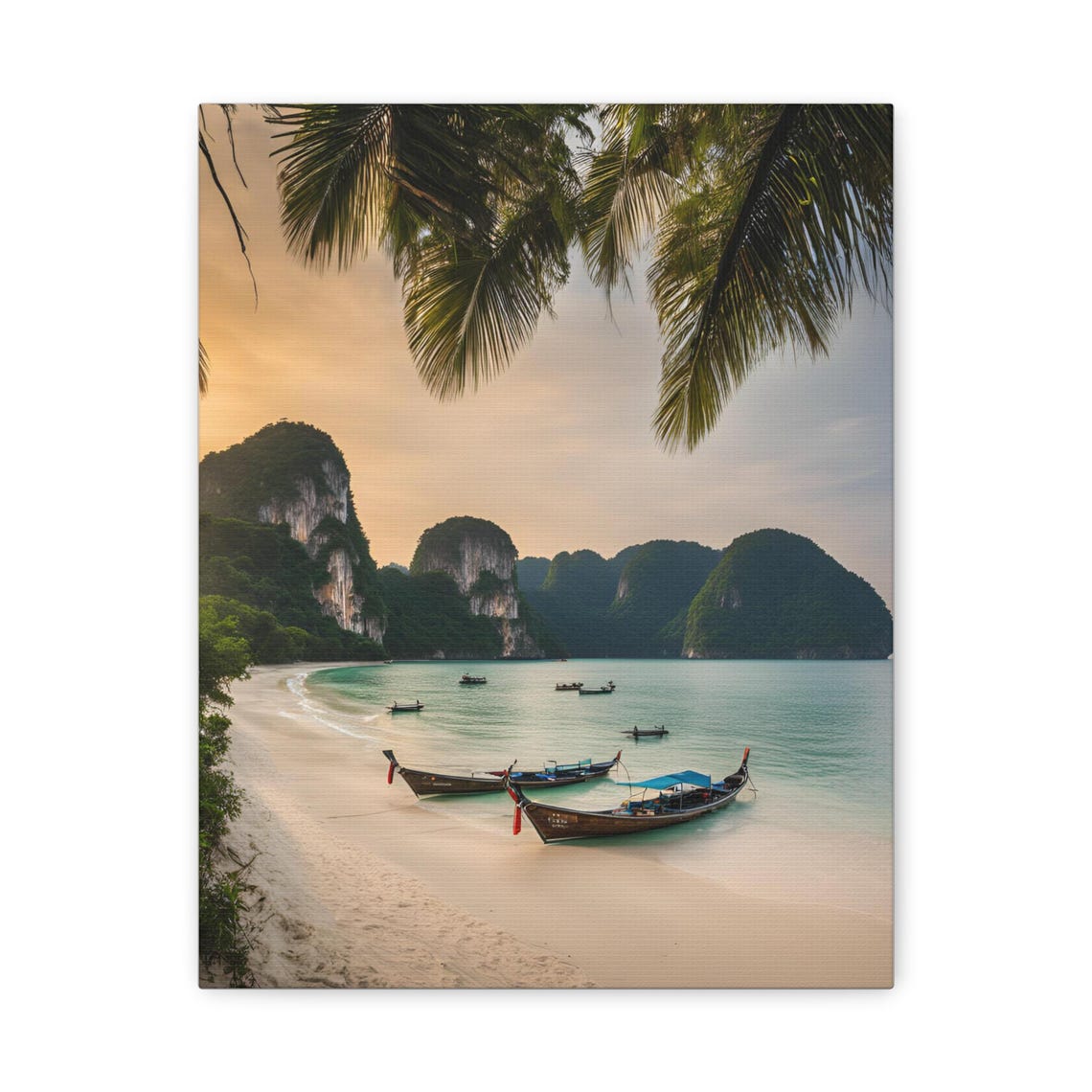 Thailand Tropical Beach Longtail Boats Limestone Cliffs Print