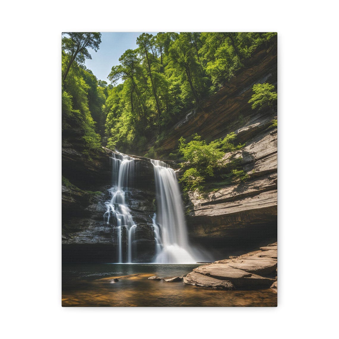 Twin Waterfall Plunging Down Lush Green Canyon Cliffs Art Poster