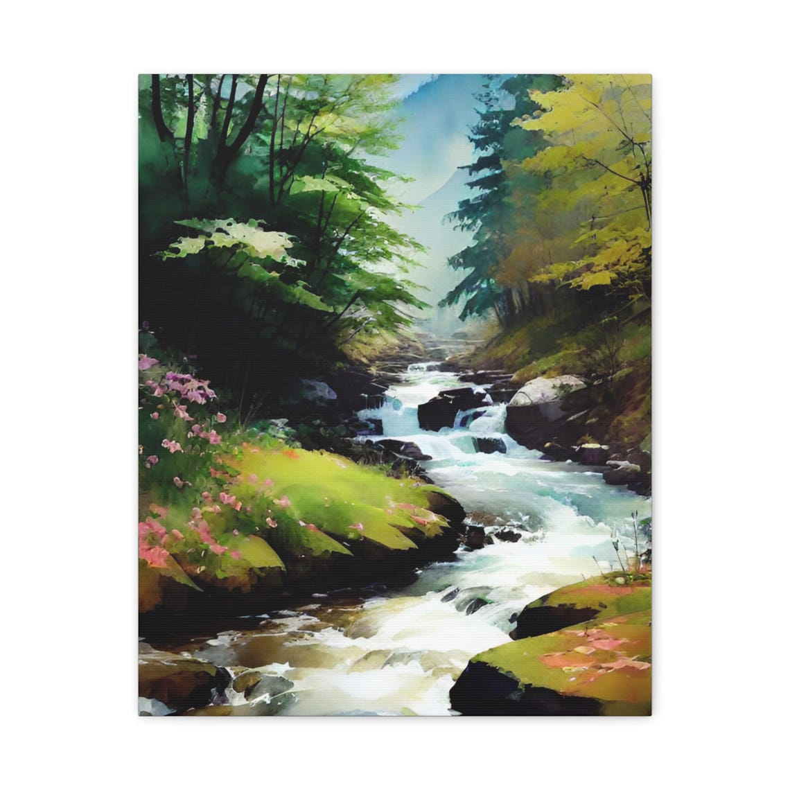 Watercolor Forest Stream Waterfall Pink Blossom Nature Wall Art