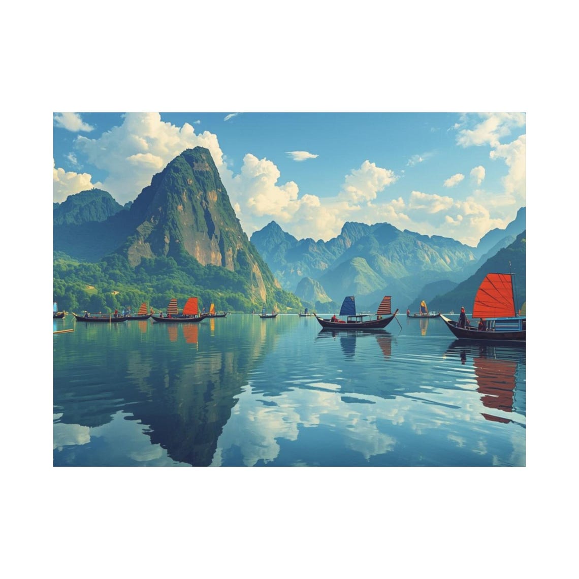 Red Sail Boats Karst Mountain Lake Reflections Scenic Poster