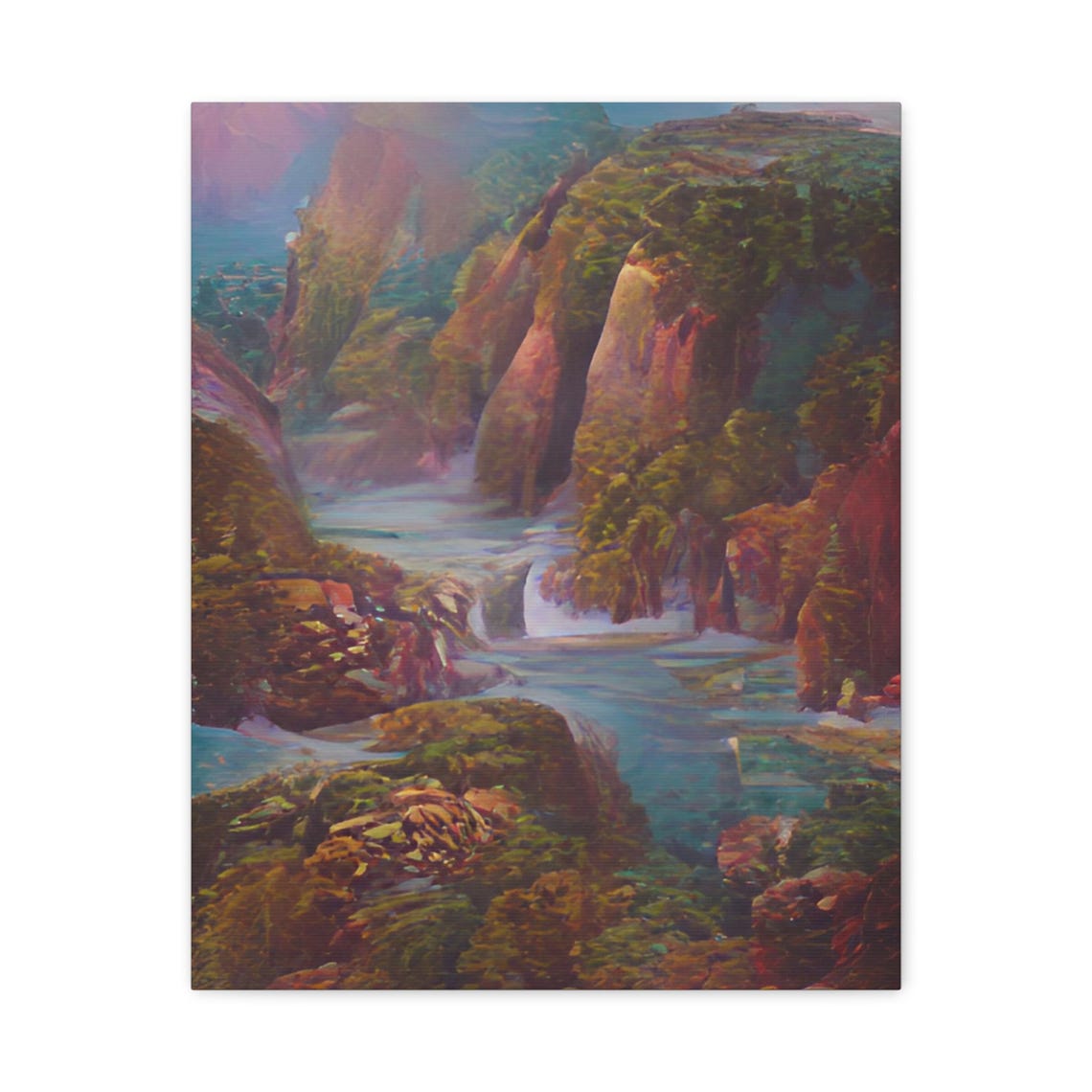 Misty Mountain River Canyon with Cliffs Painterly Landscape Poster