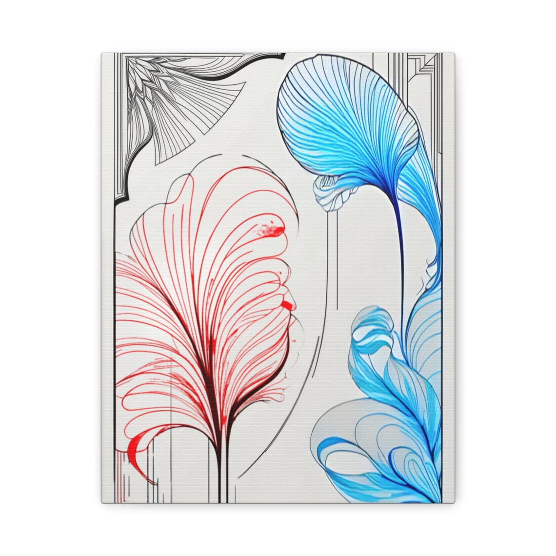 Abstract Red and Blue Floral Line Drawing Modern Botanical Poster