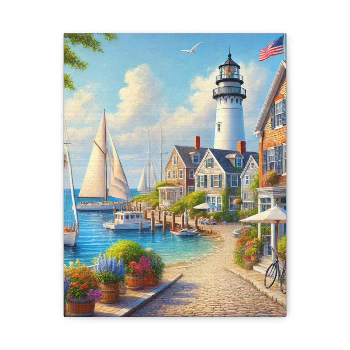 Coastal Lighthouse Harbor With Sailboats Nautical Scene Poster