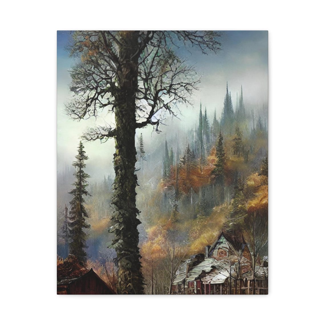 Mountain Cabin in Misty Pine Forest Rustic Wilderness Nature Poster