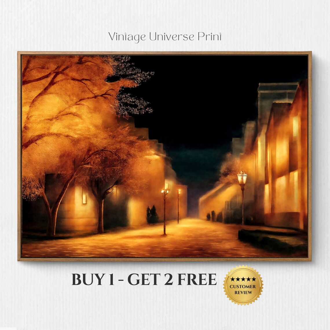 Golden Autumn Street Lamps Glowing on a Misty Night City Poster