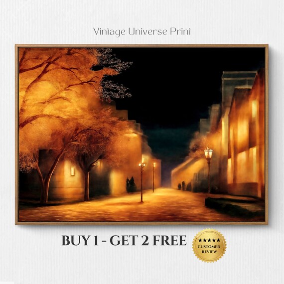 Golden Autumn Street Lamps Glowing on a Misty Night City Poster