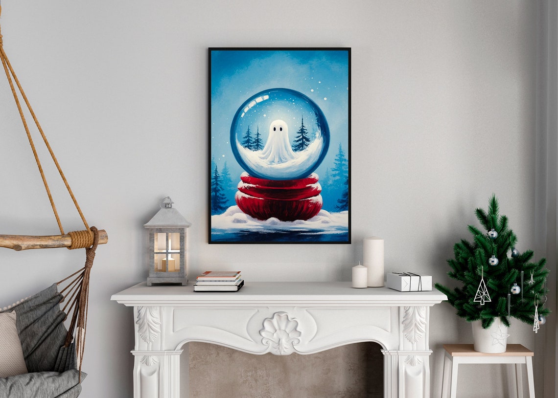 Ghost Inside Snow Globe with Red Base Christmas Painting Print - Image 4