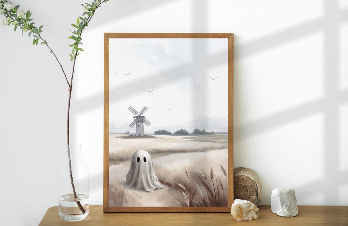 Vintage Windmill Ghost Painting Rustic Fall Landscape Ghost Spooky Ghost Painting Cute Ghost Art Farmhouse Wall Art Halloween - Image 4