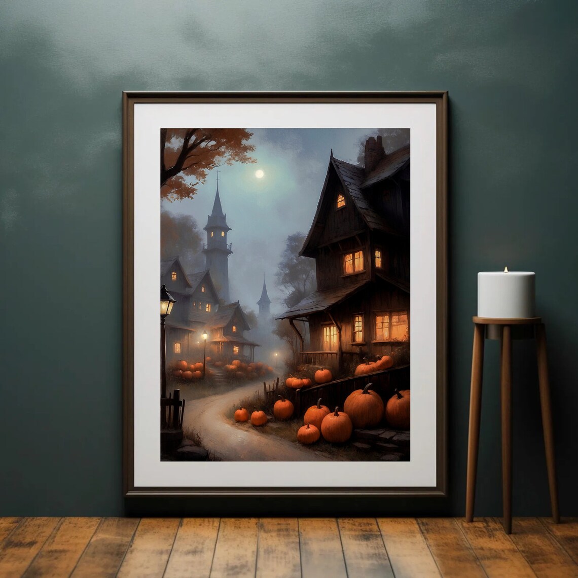 Moonlit Halloween Village With Pumpkins And Old Houses Spooky Painting Poster - Image 4