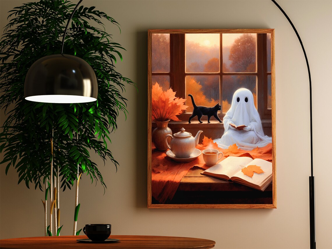 Cute Ghost Reading Book By Autumn Window With Cat And Tea Fall Painting Poster - Image 2
