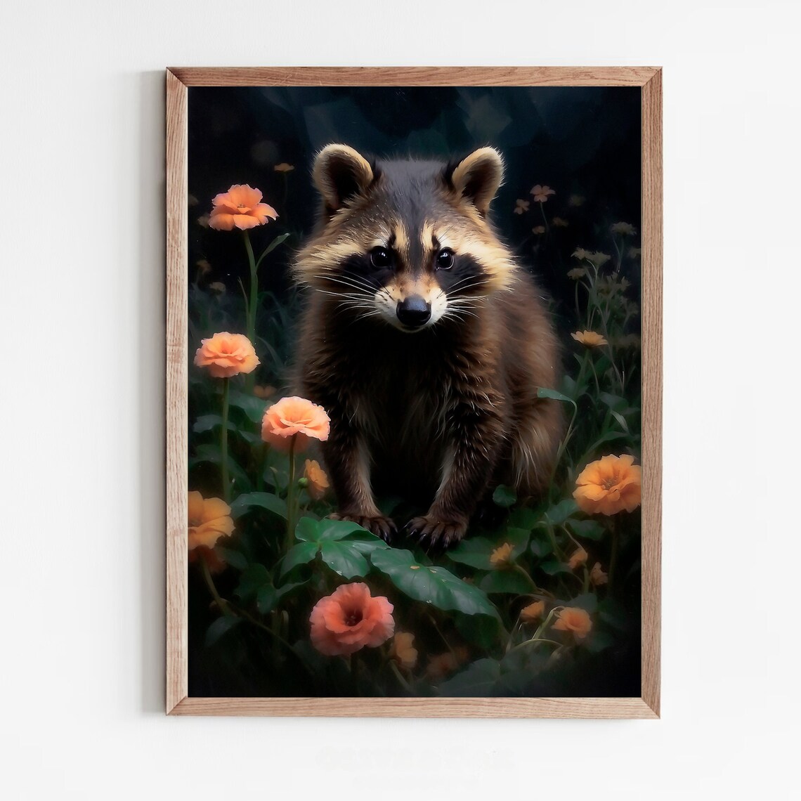 Curious Raccoon Among Orange Flowers in a Dark Forest Night Poster - Image 5