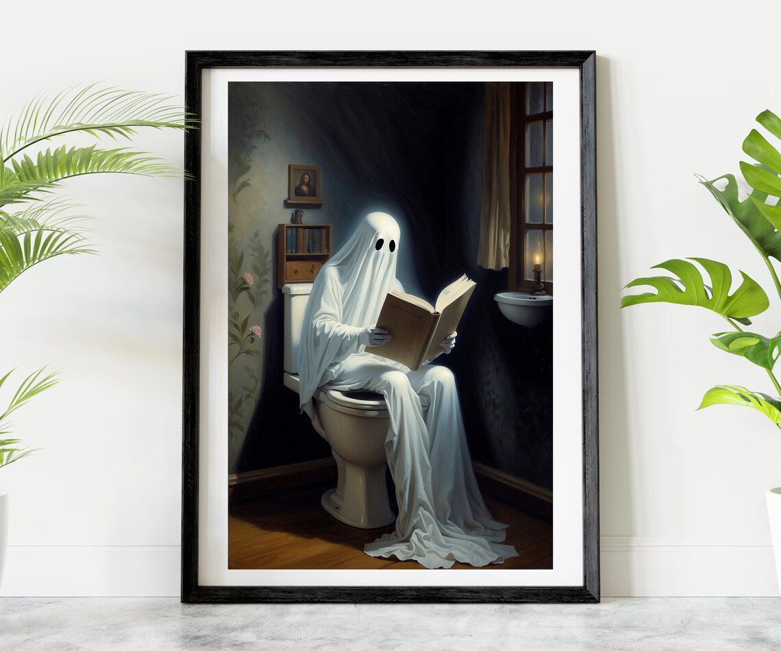Ghost Reading on the Toilet by Lantern Light in a Vintage Bathroom Poster - Image 2