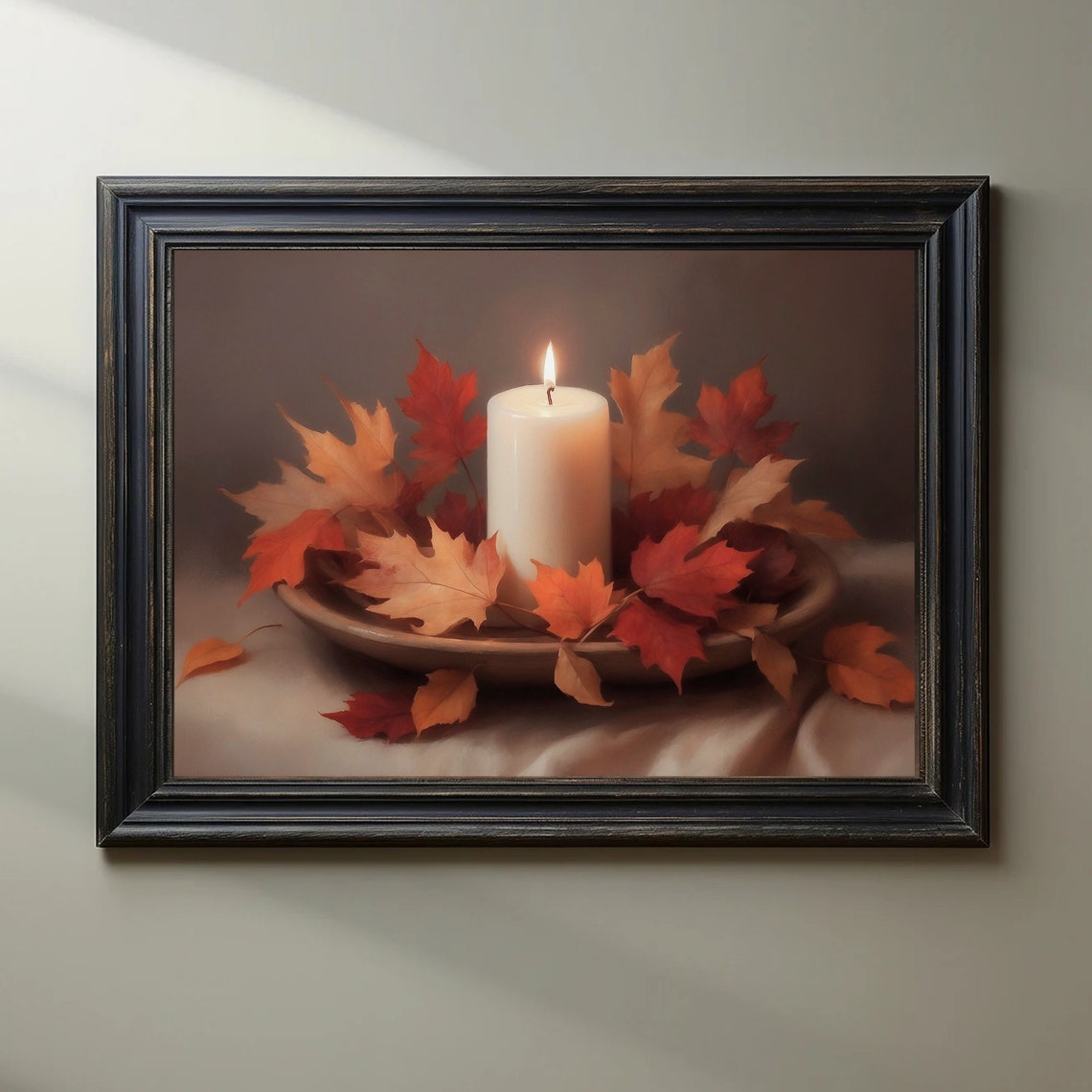 Lit Candle With Red Fall Leaves Still Life Autumn Home Decor Poster - Image 4