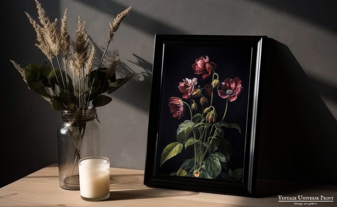 Deep Red Poppies Moody Dark Floral Vintage Oil Painting Wall Art - Image 3