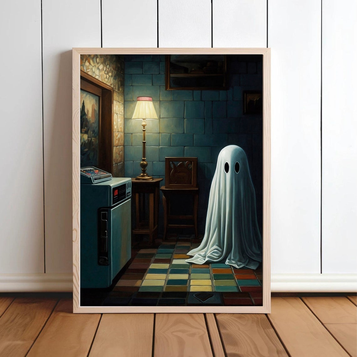 Friendly Sheet Ghost In A Dark Tiled Room Vintage Halloween Poster - Image 3