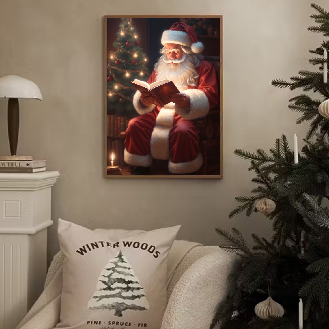 Santa Claus Reading by the Christmas Tree Cozy Holiday Poster - Image 2