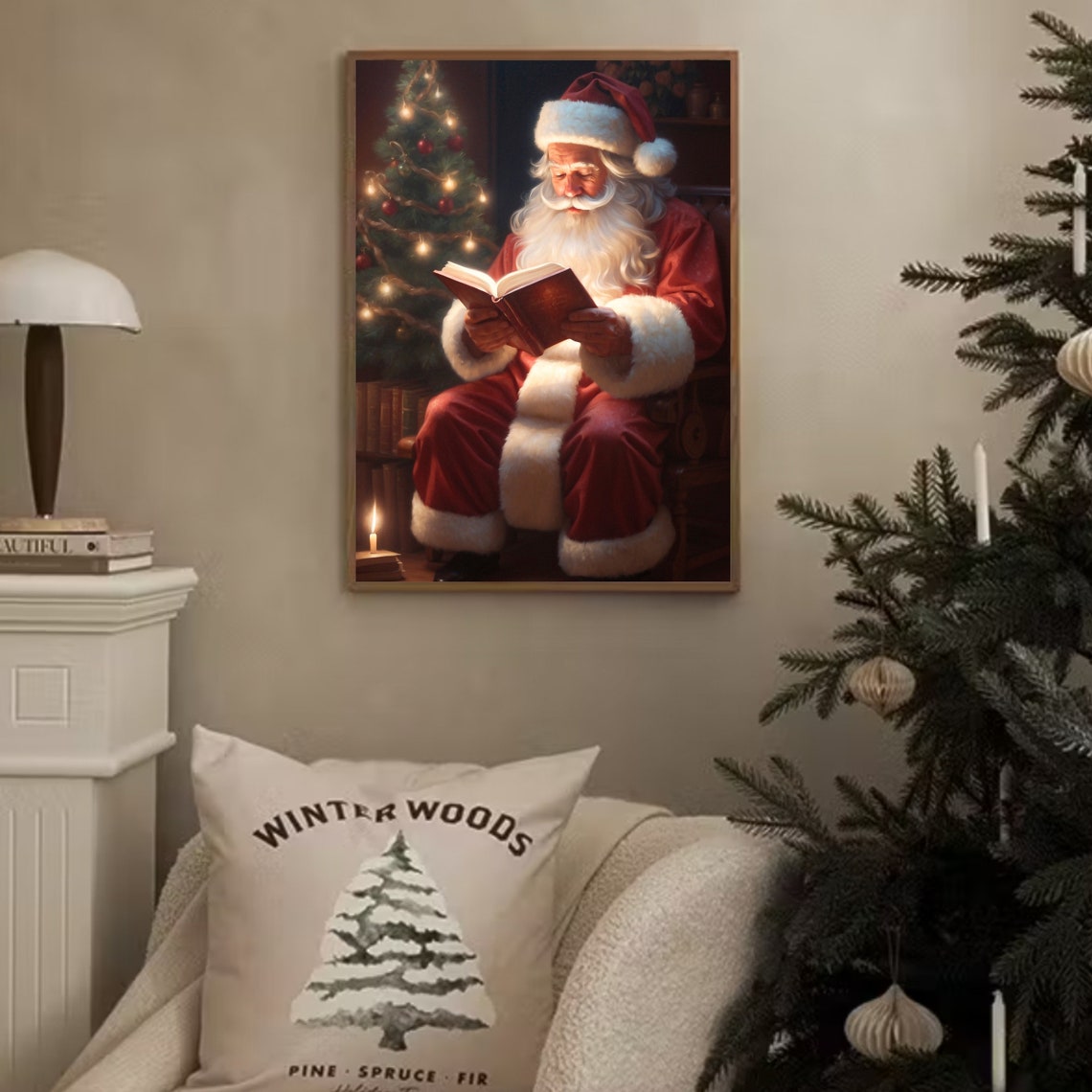 Santa Claus Vintage Print A Moment Of Peaceful Reading Santa Claus Vintage Christmas Wall Art Christmas Oil Painting - Image 2