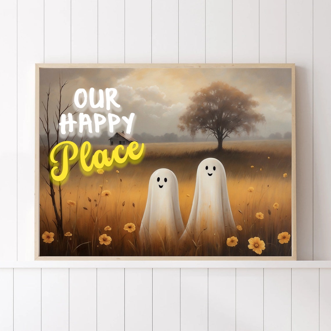 Two Ghosts Our Happy Place Golden Meadow Smiling Halloween Poster - Image 4