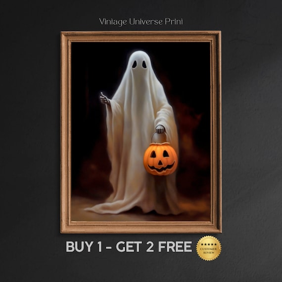 Cute Ghost Holding Jack O Lantern Bucket Halloween Night Poster