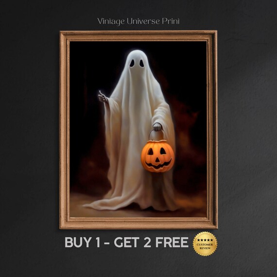 Halloween Ghost And Jack O Lantern Gothic Vintage Print Moody Halloween Wall Art Dark Academia Decor Halloween Spooky Painting