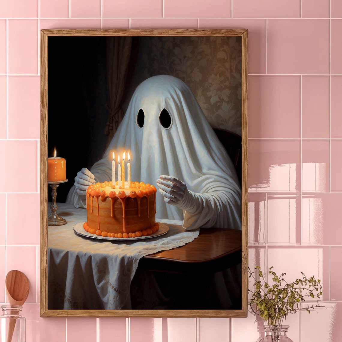 Ghost Celebrating with a Candle Lit Birthday Cake Sweet Party Poster - Image 4