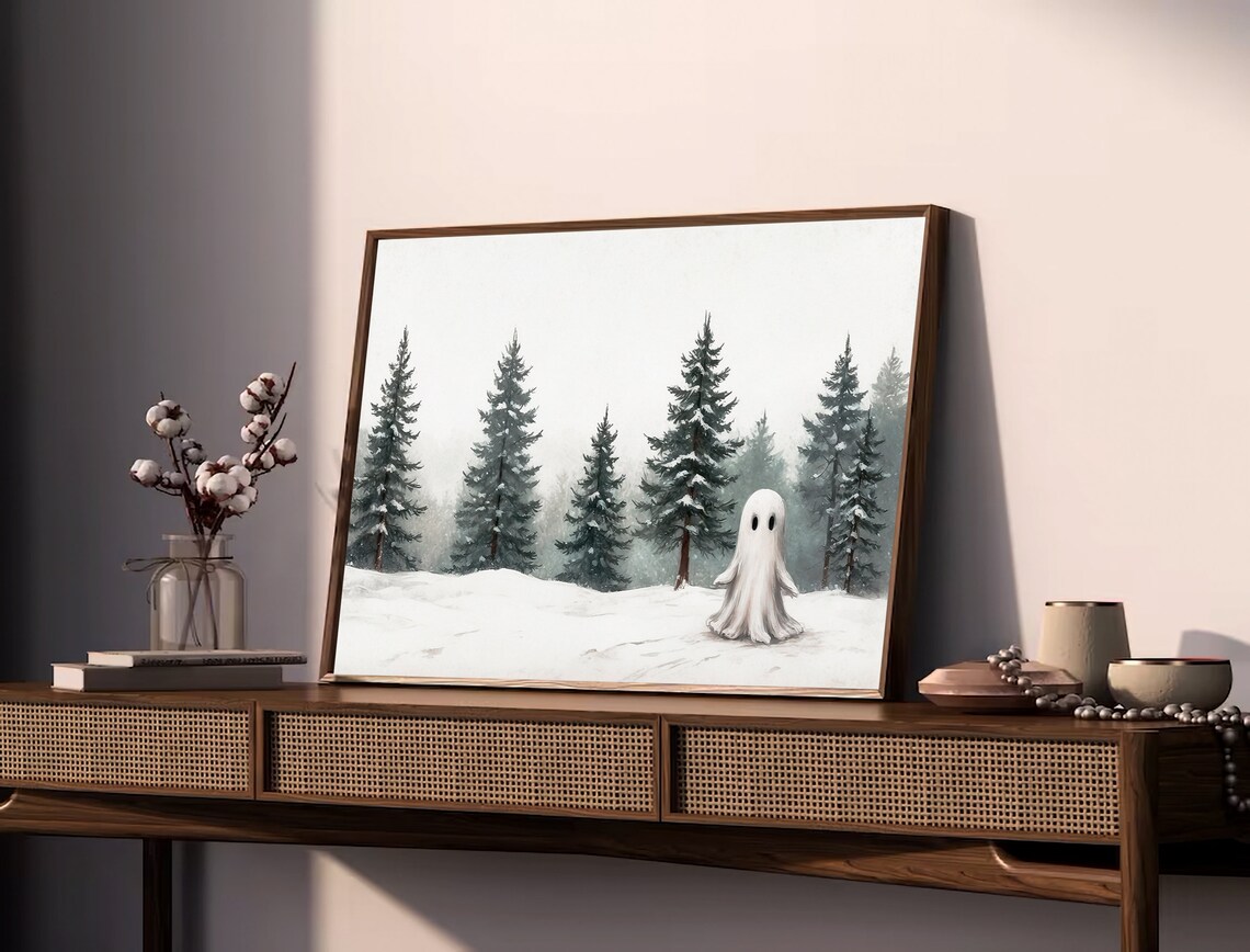 Ghost in Snowy Pine Forest Minimalist Winter Scene Art Print - Image 3