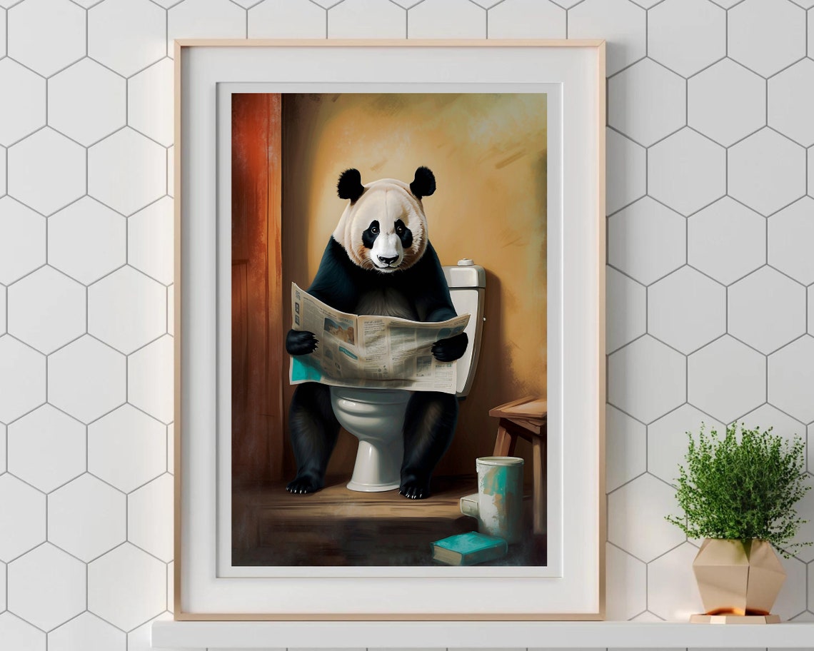 Sleepy Panda Reading A Newspaper On The Toilet Funny Art Poster - Image 5
