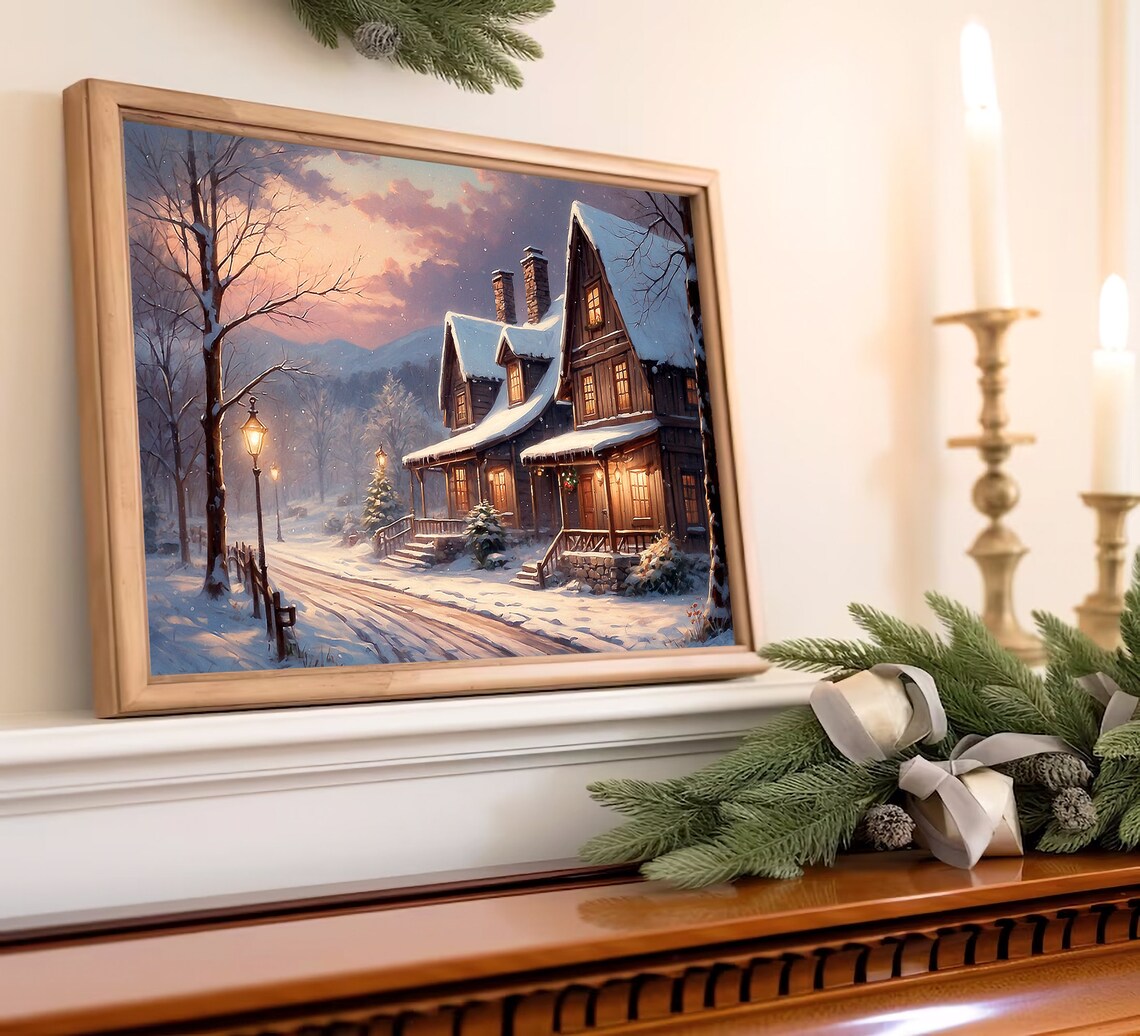 Snowy Cottage Street Lamplight Winter Evening Oil Painting Poster - Image 2