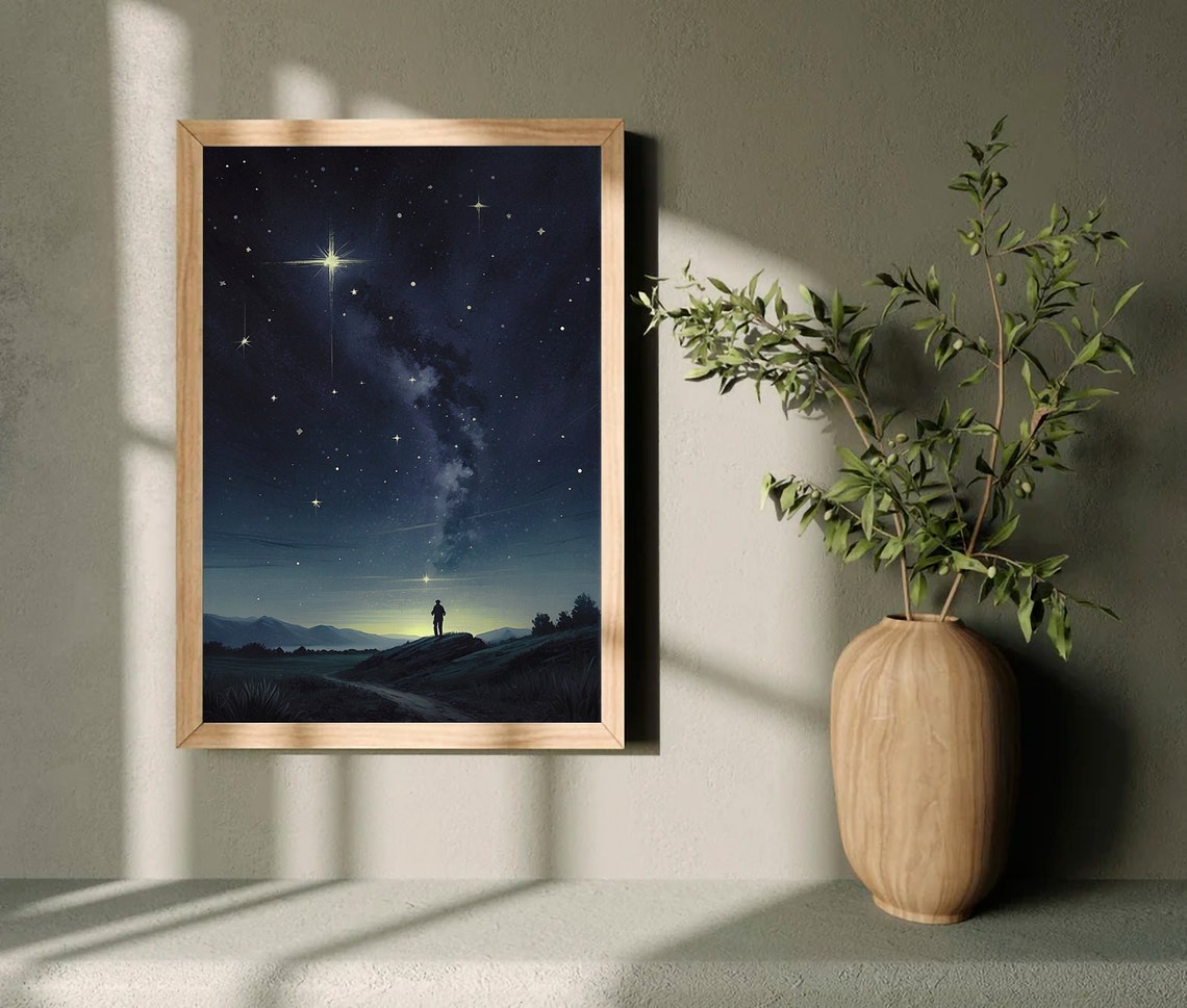 Lone Figure on Hill Under Bright Milky Way Starry Night Sky Wall Art - Image 5