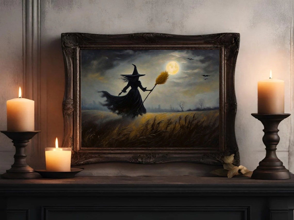 Witch Flying on Broomstick Across Moonlit Field Halloween Poster - Image 2
