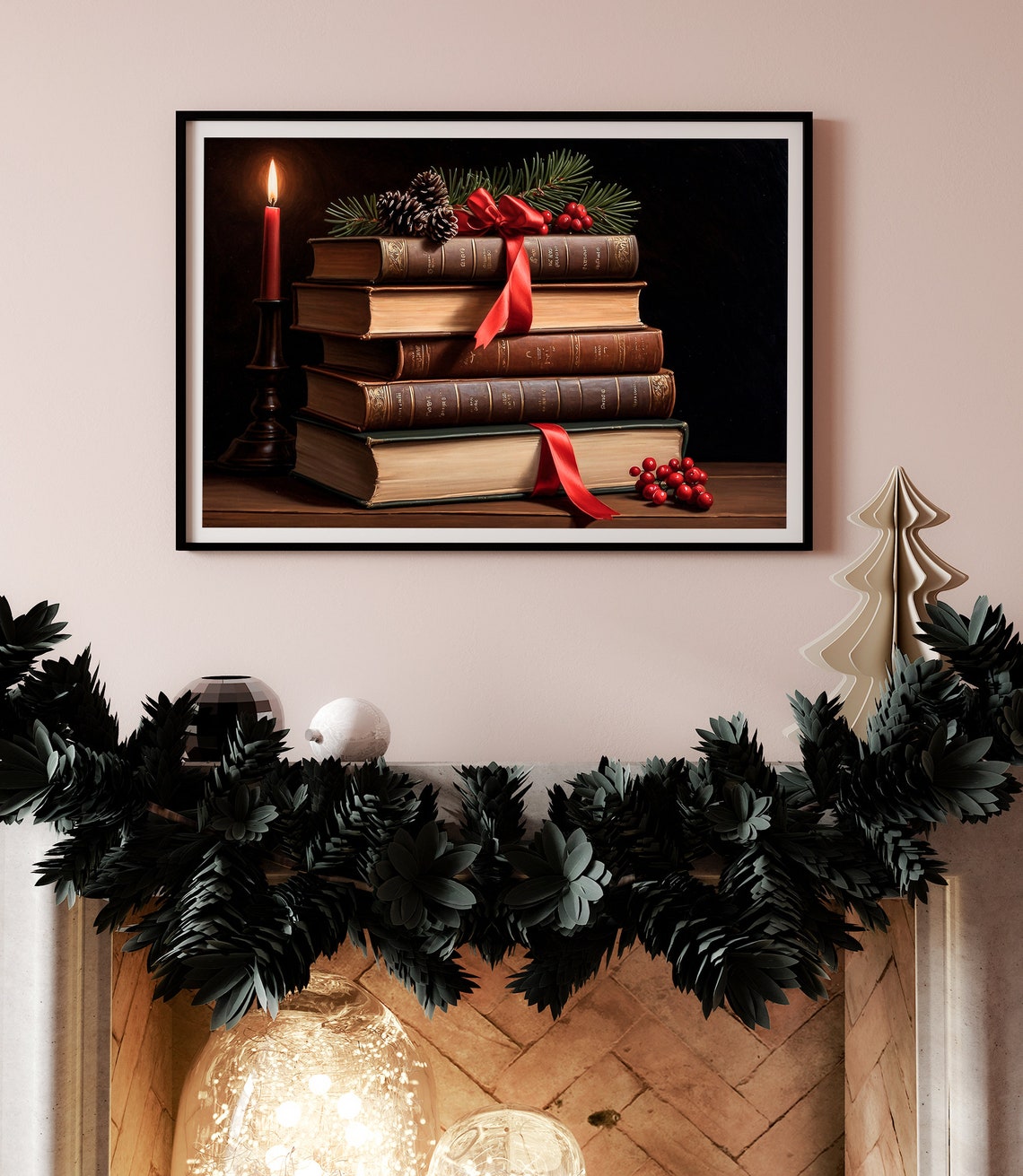 Stacked Vintage Christmas Books With Candle And Red Ribbon Print - Image 2