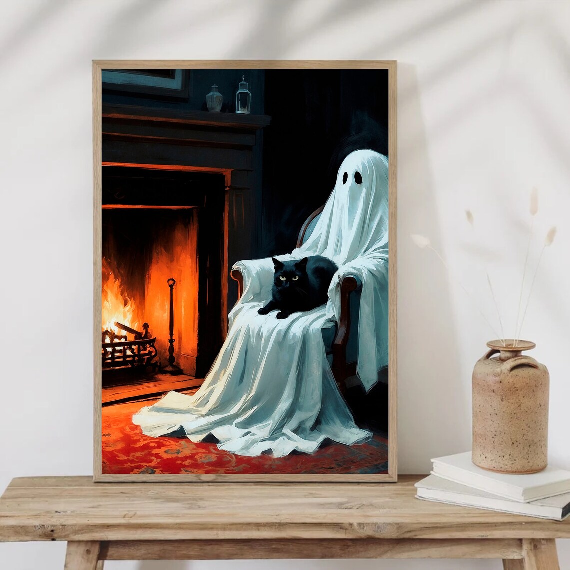 Ghost Cuddling A Black Cat In An Armchair By A Roaring Fireplace Art Print - Image 4