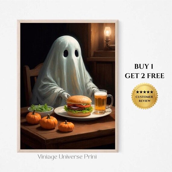 Cute Ghost Eating Burger With Beer At Cozy Tavern Funny Halloween Painting Poster