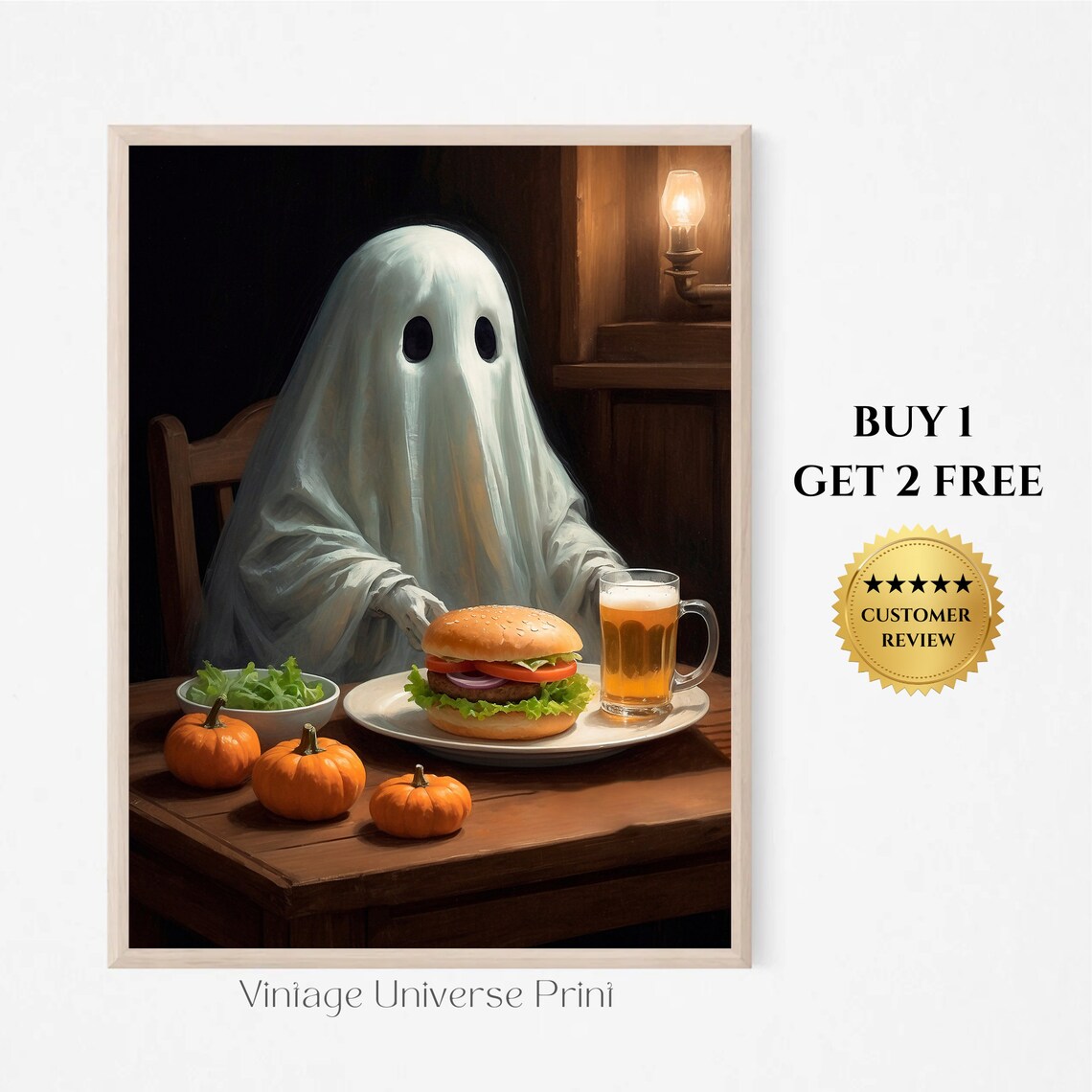 Cute Ghost Eating Burger With Beer At Cozy Tavern Funny Halloween Painting Poster