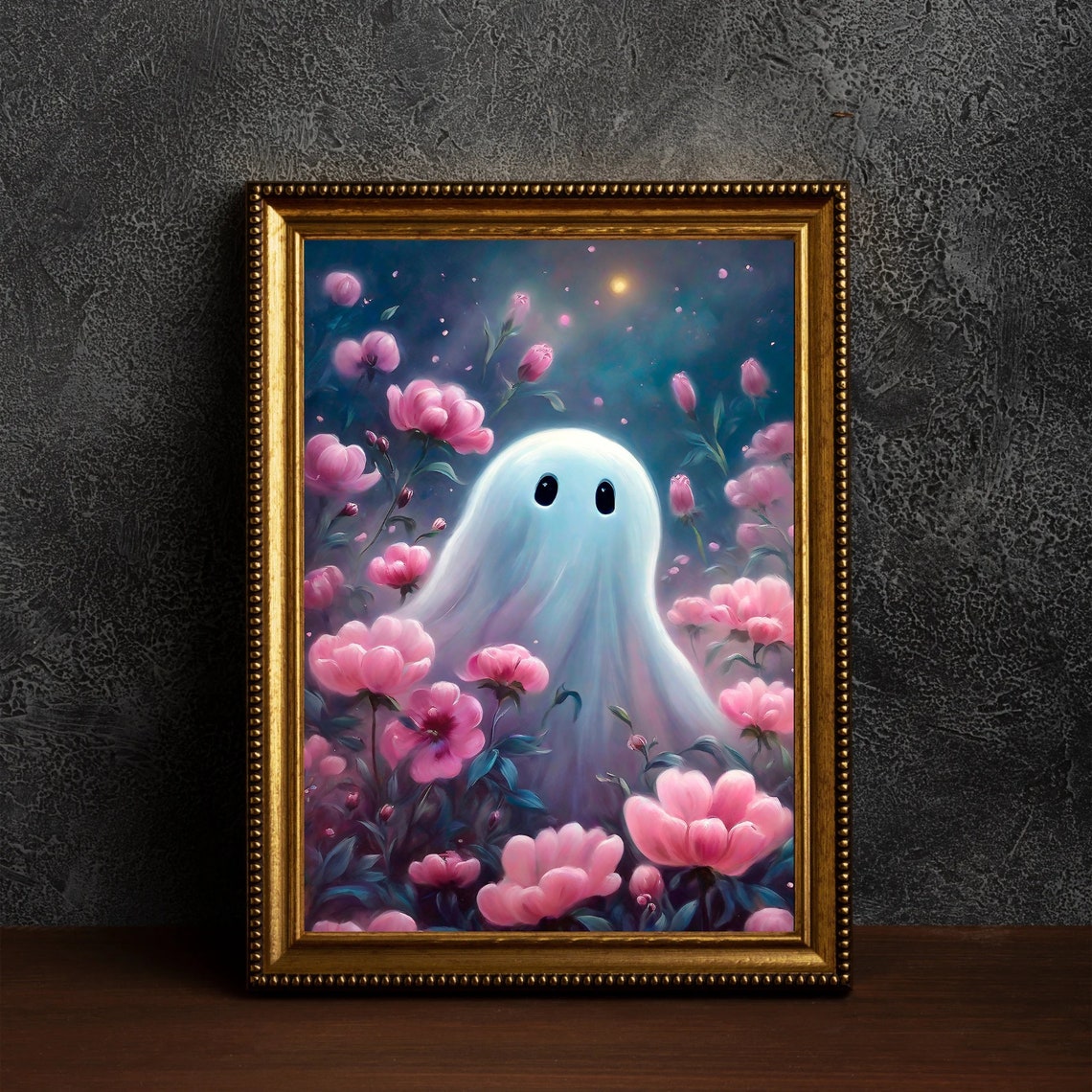 Cute Ghost Among Pink Flowers Under A Moonlit Night Sky Poster - Image 4