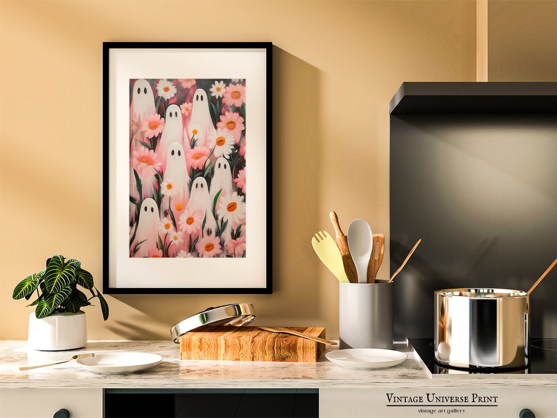 Cute Ghosts Hiding Among Pink Daisies Playful Floral Art Poster - Image 3