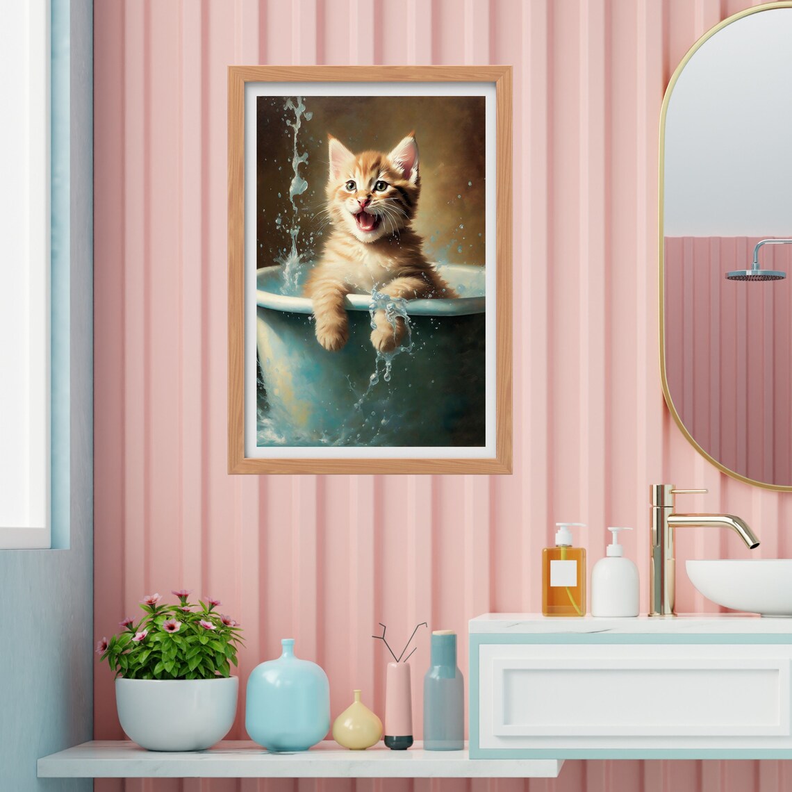 Playful Orange Kitten Splashing in a Bathtub with Joy Funny Cat Poster - Image 4