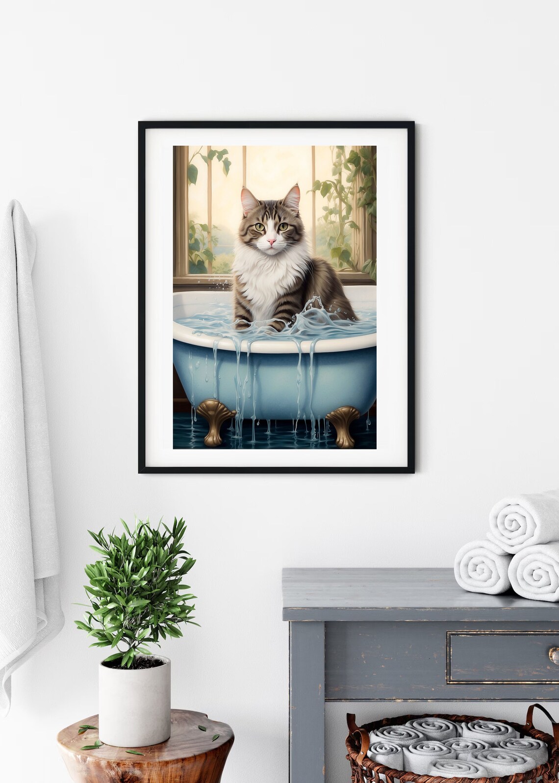 Fluffy Tabby Cat Soaking in a Blue Bathtub with Splashing Water Cute Poster - Image 4