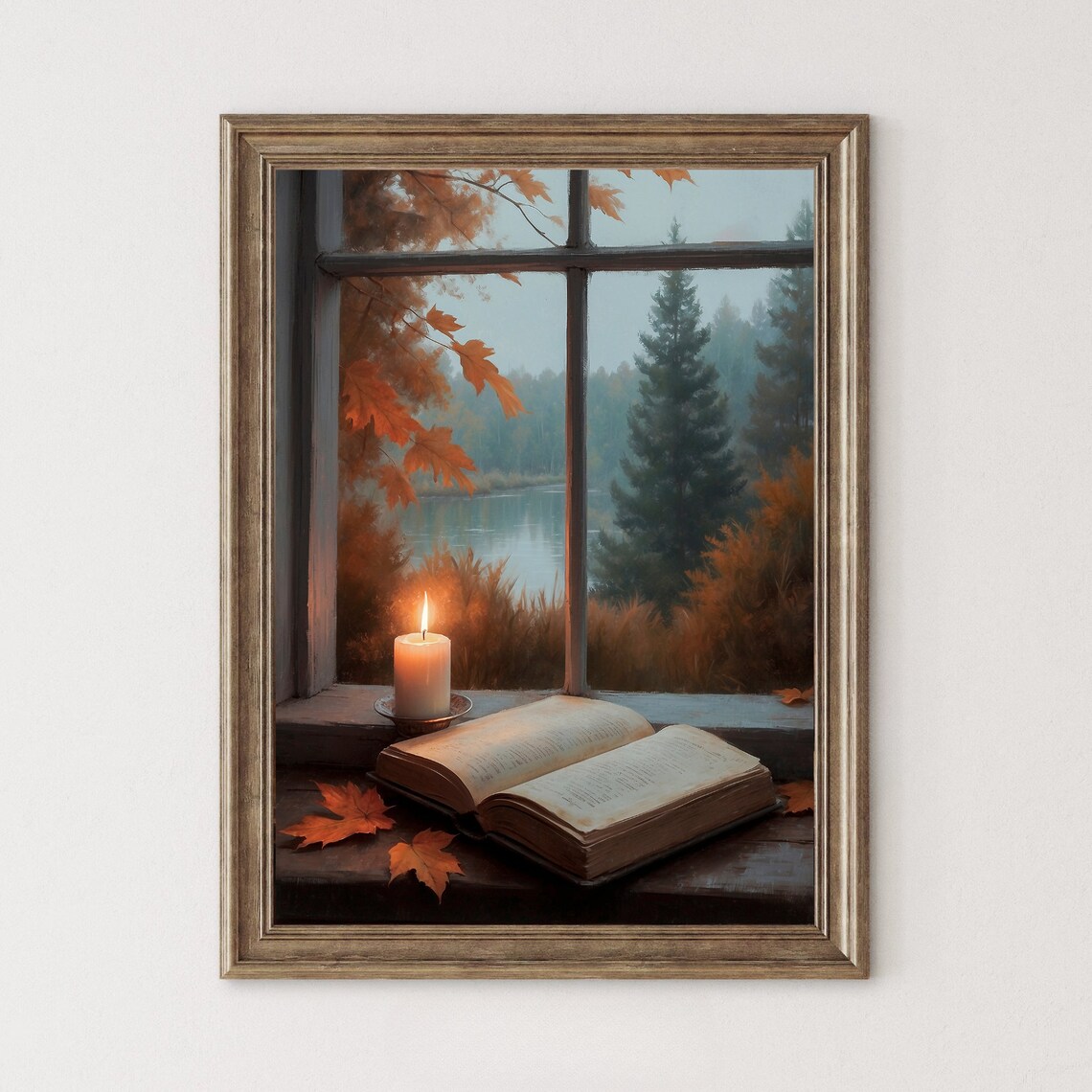 Candle And Open Book On Autumn Windowsill Overlooking Lake Painting Poster - Image 4