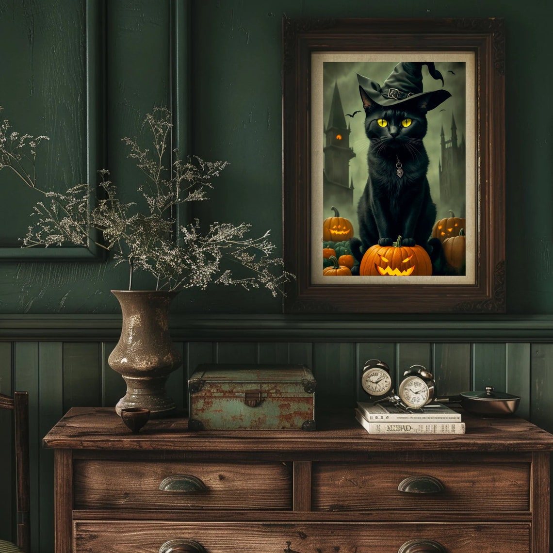 Vintage Black Cat in Witch Hat on Jack O Lantern Halloween Poster - Image 3