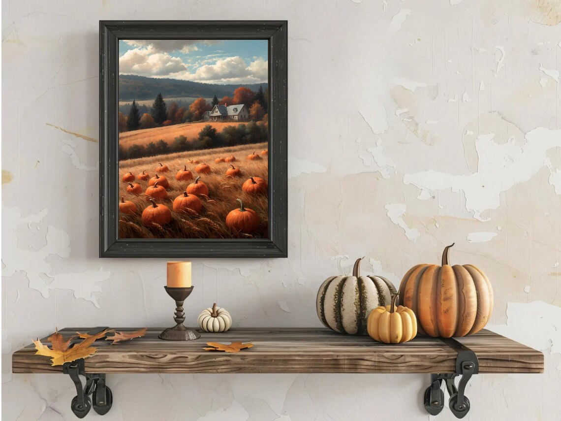 Pumpkin Patch Farm Landscape With Farmhouse Rustic Fall Harvest Painting Poster - Image 2