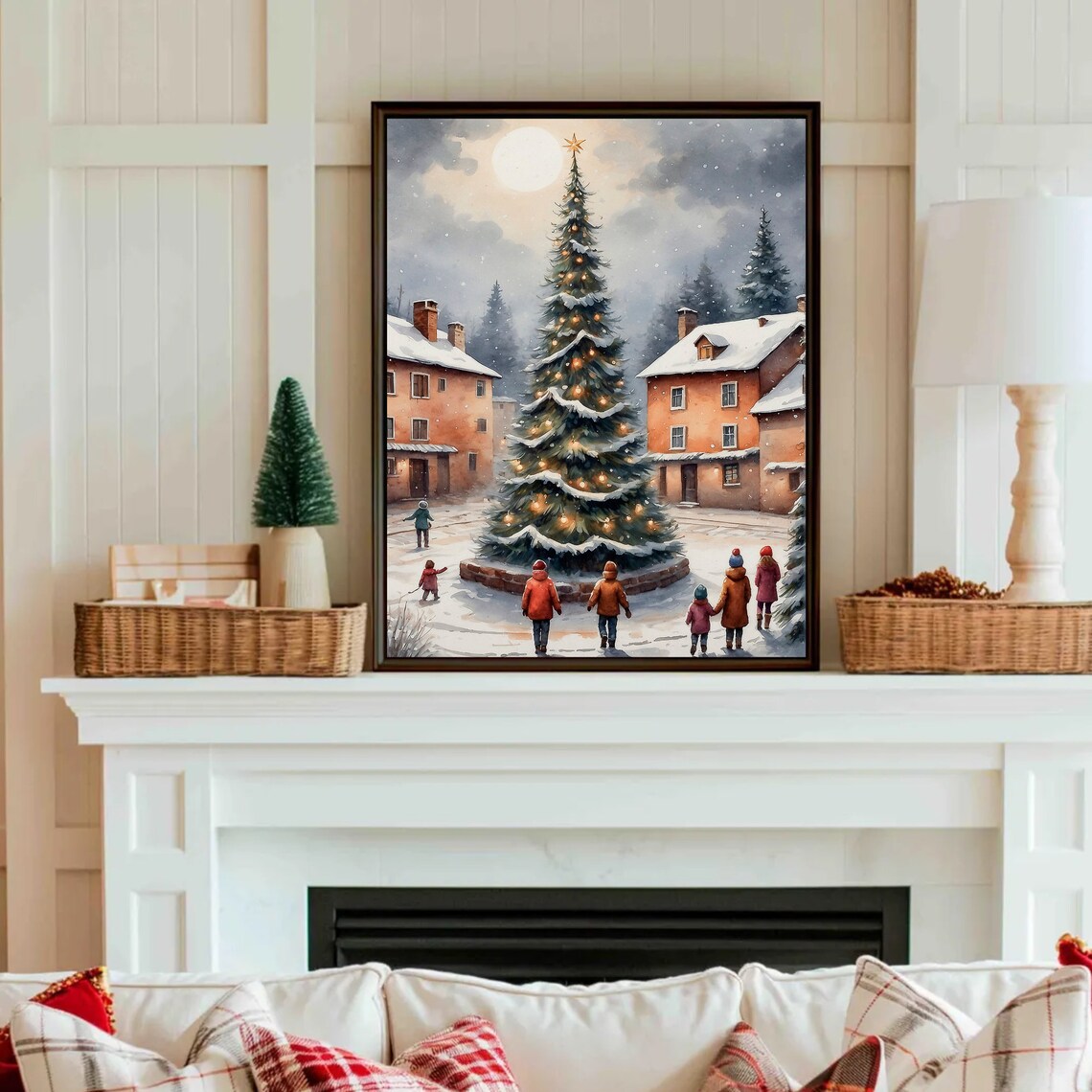 Snowy Christmas Village With Lit Tree And Children In Winter Wall Art - Image 4