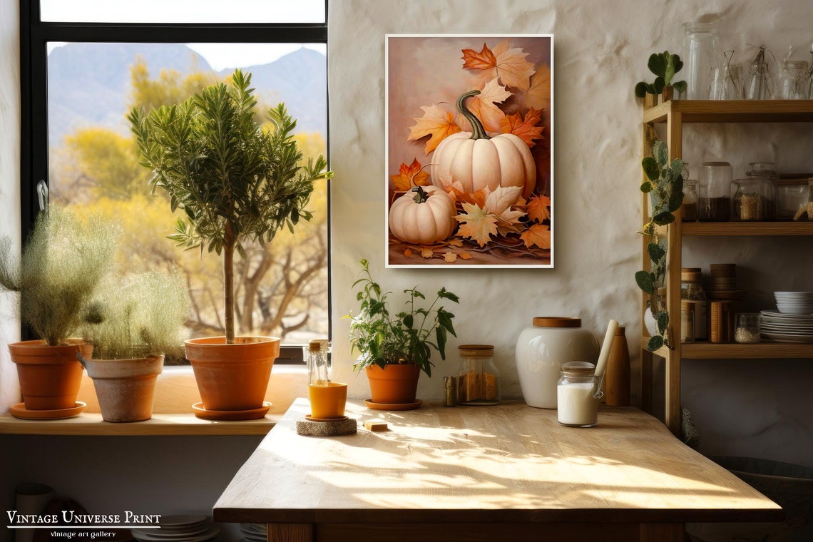 White Pumpkins Autumn Leaves Rustic Fall Still Life Painting Poster - Image 3
