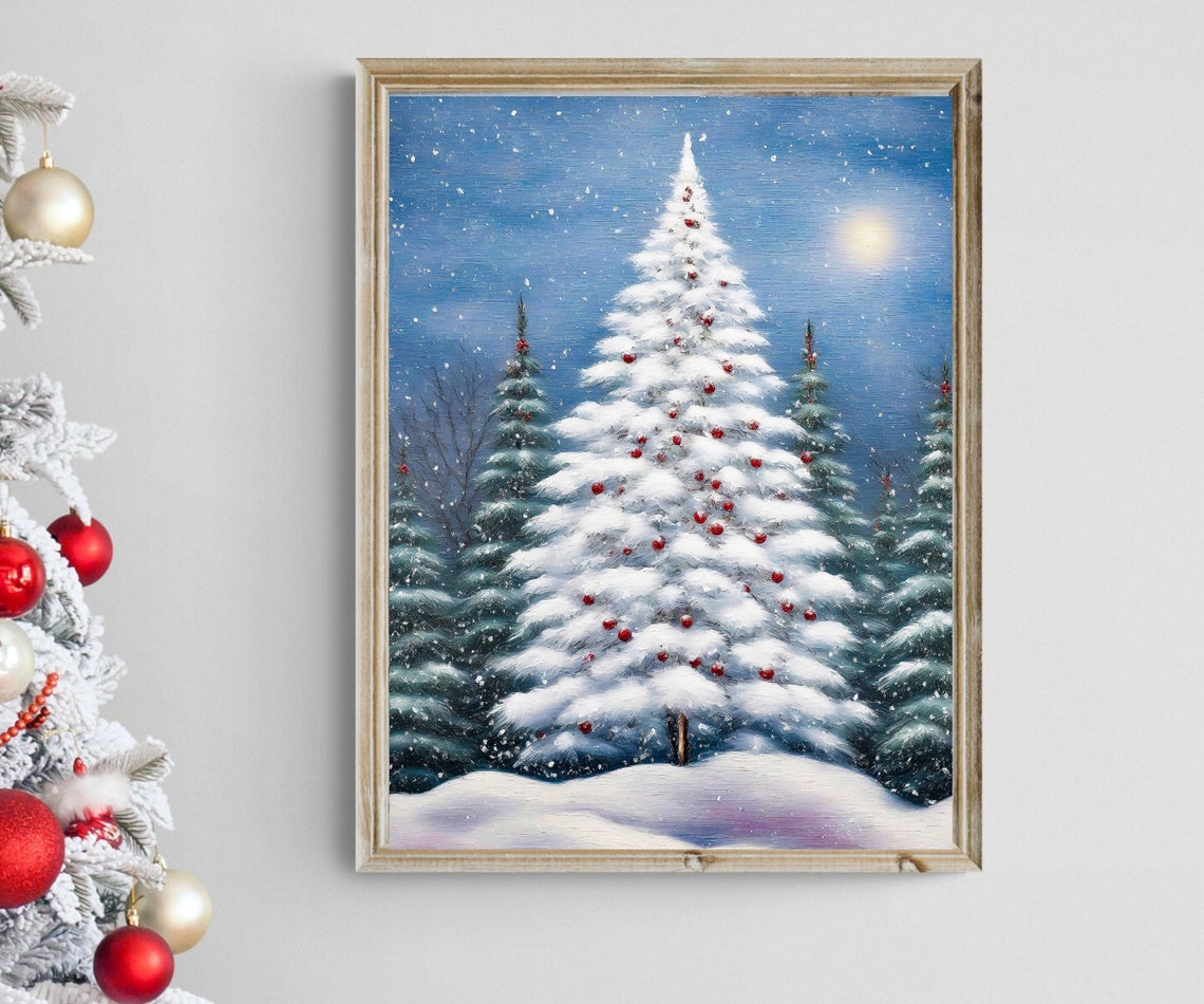 Snowy Christmas Tree Red Ornaments Moonlit Night Winter Poster - Image 2