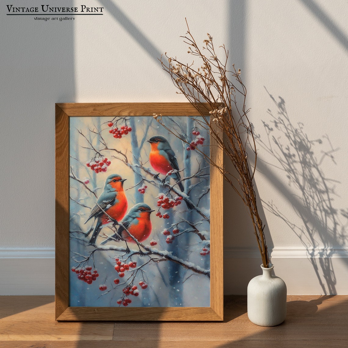 Three Robins Snowy Berry Branches Winter Woodland Bird Art Poster - Image 2