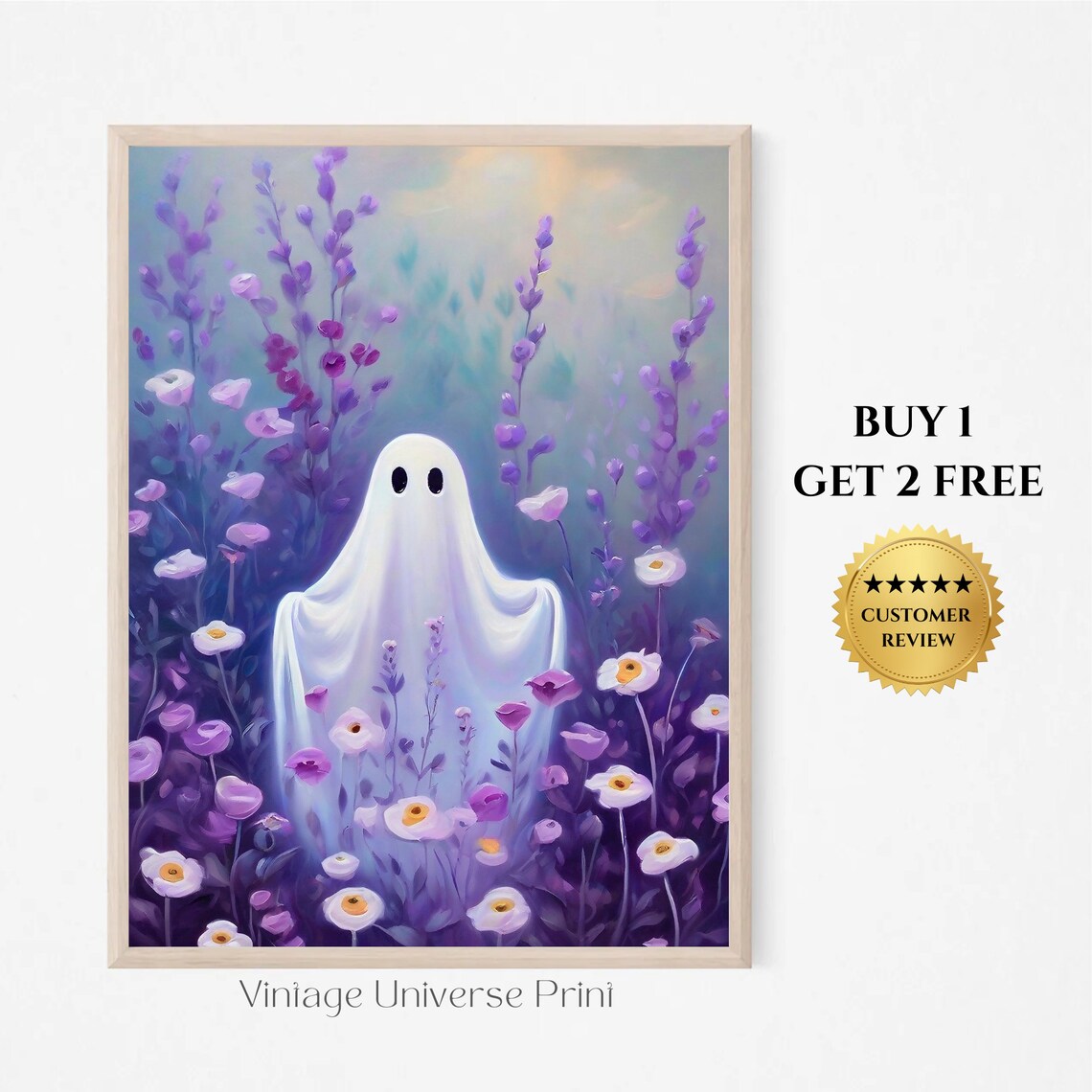 Cute Ghost in Purple Flower Meadow Vintage Halloween Art Poster