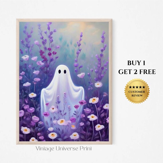 Cute Ghost in Purple Flower Meadow Vintage Halloween Art Poster