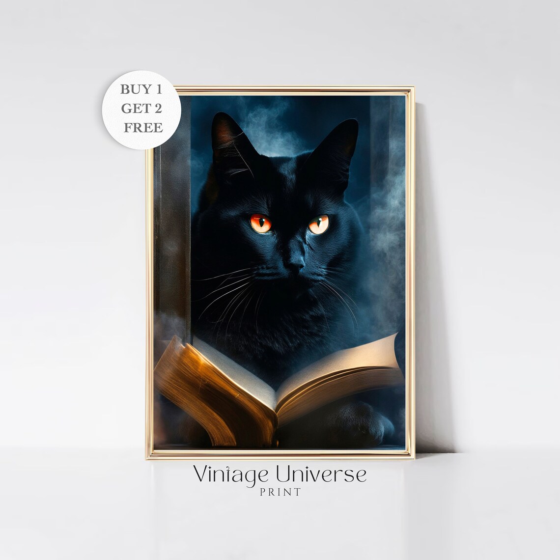 Dark Black Cat Reading Glowing Book Moody Vintage Animal Poster