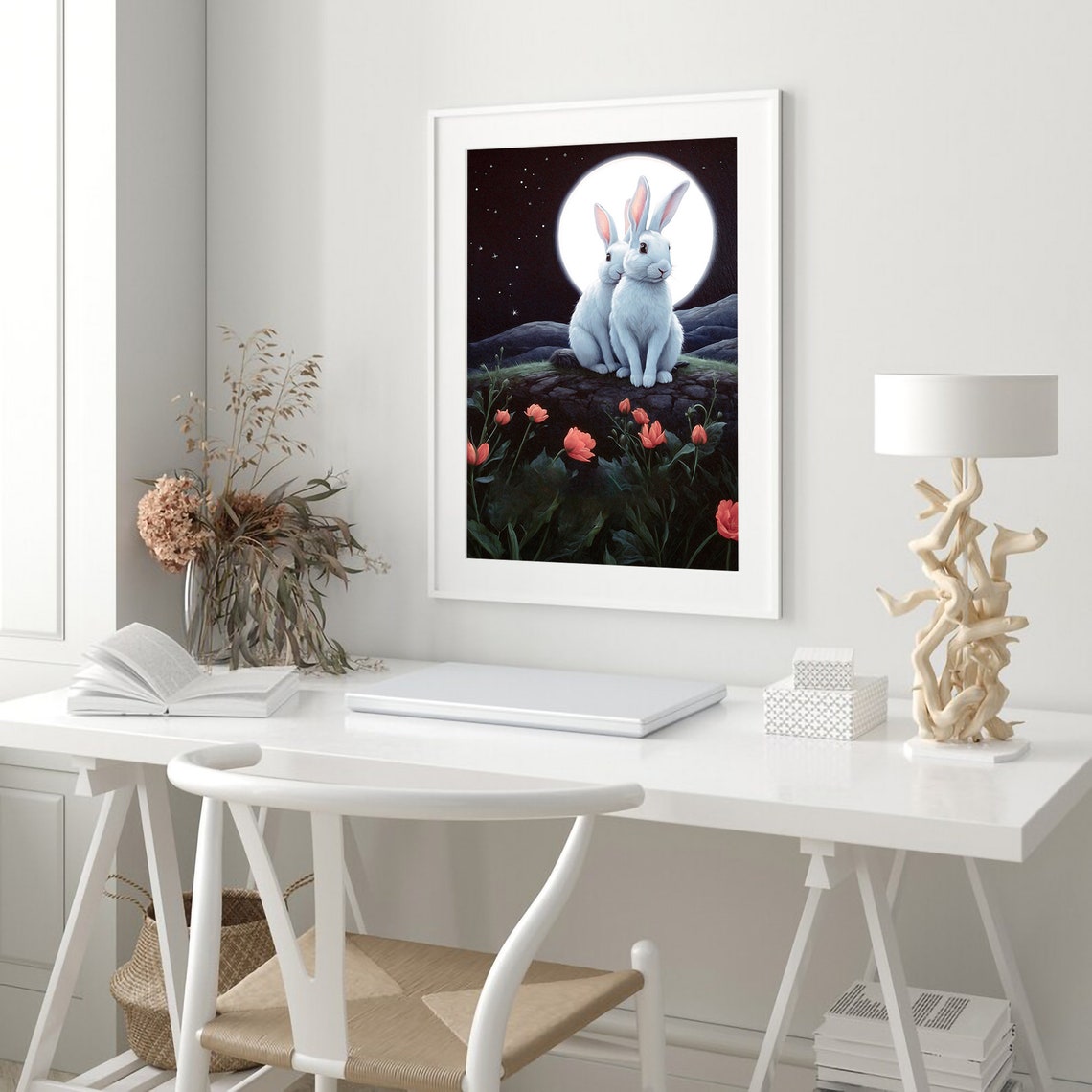 Two White Rabbits Before a Full Moon with Red Tulips Night Art Print - Image 2